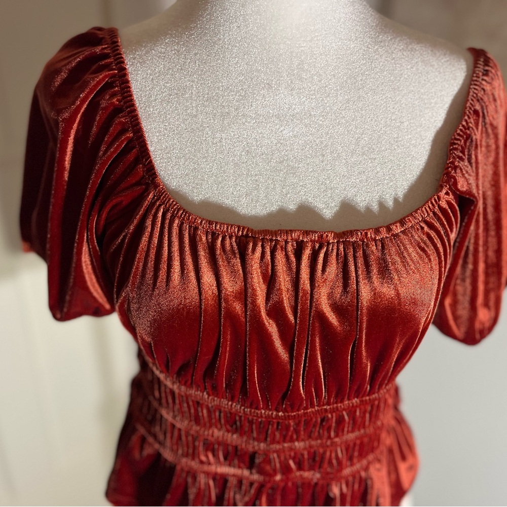 ROW A Women’s Burnt Velvet Tiered Hem Stretch Crop Top Shirt Medium Nordstrom - Picture 5 of 12